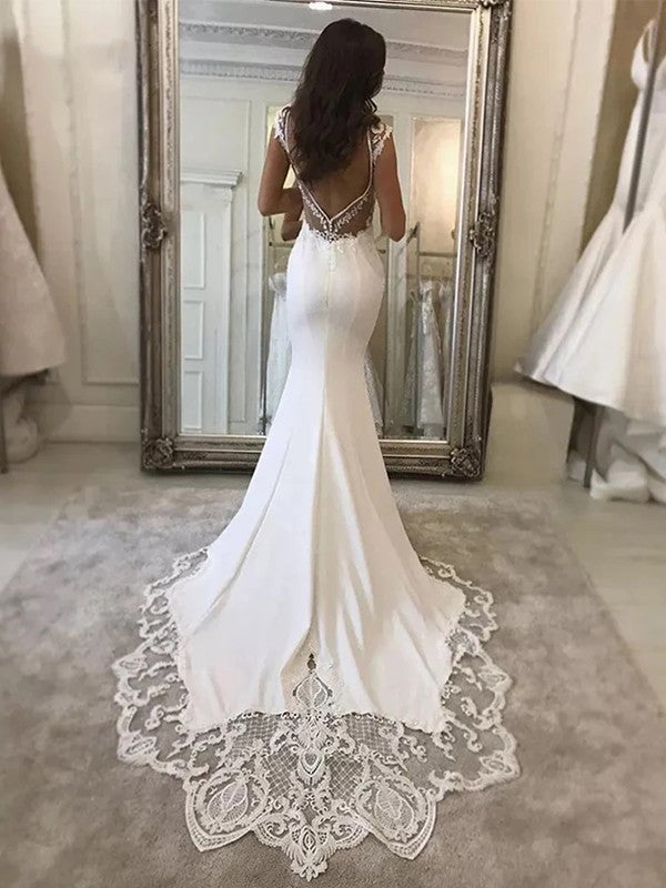 Wholesa  Sheath/Column Stretch Crepe Lace V-neck Sleeveless Sweep/Brush Train Wedding Dresses