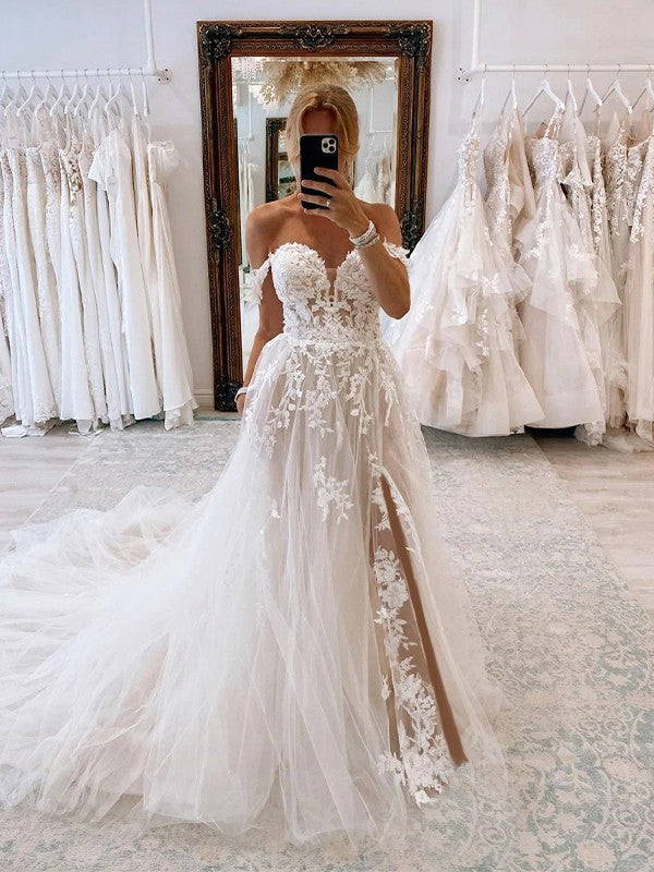 Wholesa  A-Line/Princess Tulle Applique Off-the-Shoulder Sleeveless Chapel Train Wedding Dresses