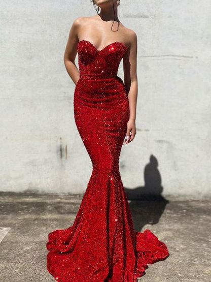 Wholesa Trumpet/Mermaid Velvet Sequins Sweetheart Sleeveless Court Train Dresses