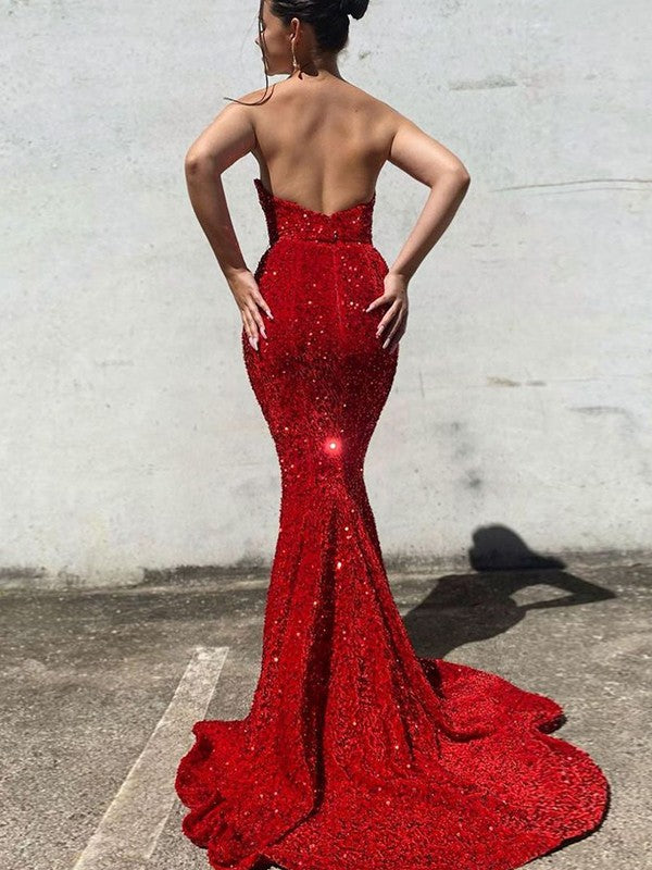 Wholesa Trumpet/Mermaid Velvet Sequins Sweetheart Sleeveless Court Train Dresses