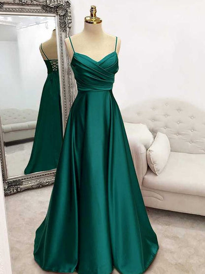 Wholesa A-Line/Princess Elastic Woven Satin Ruffles V-neck Sleeveless Sweep/Brush Train Dresses