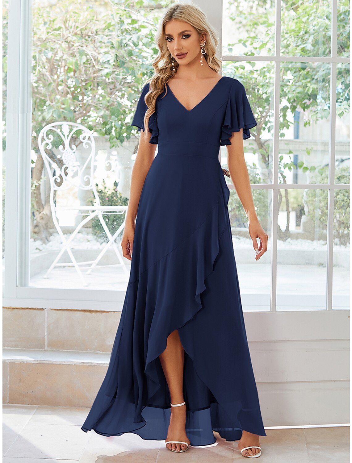 Wholesa  A-Line Wedding Guest Dresses Casual Dress Party Dress Wedding Party Asymmetrical Short Sleeve V Neck Bridesmaid Dress Chiffon with Ruffles Pure Color