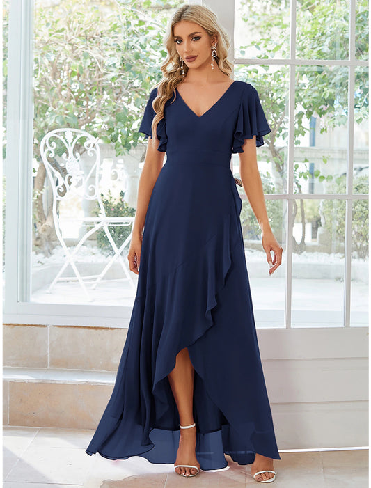 Wholesale A-Line Wedding Guest Dresses Casual Dress Party Wear Asymmetrical Short Sleeve V Neck Chiffon with Ruffles Pure Color