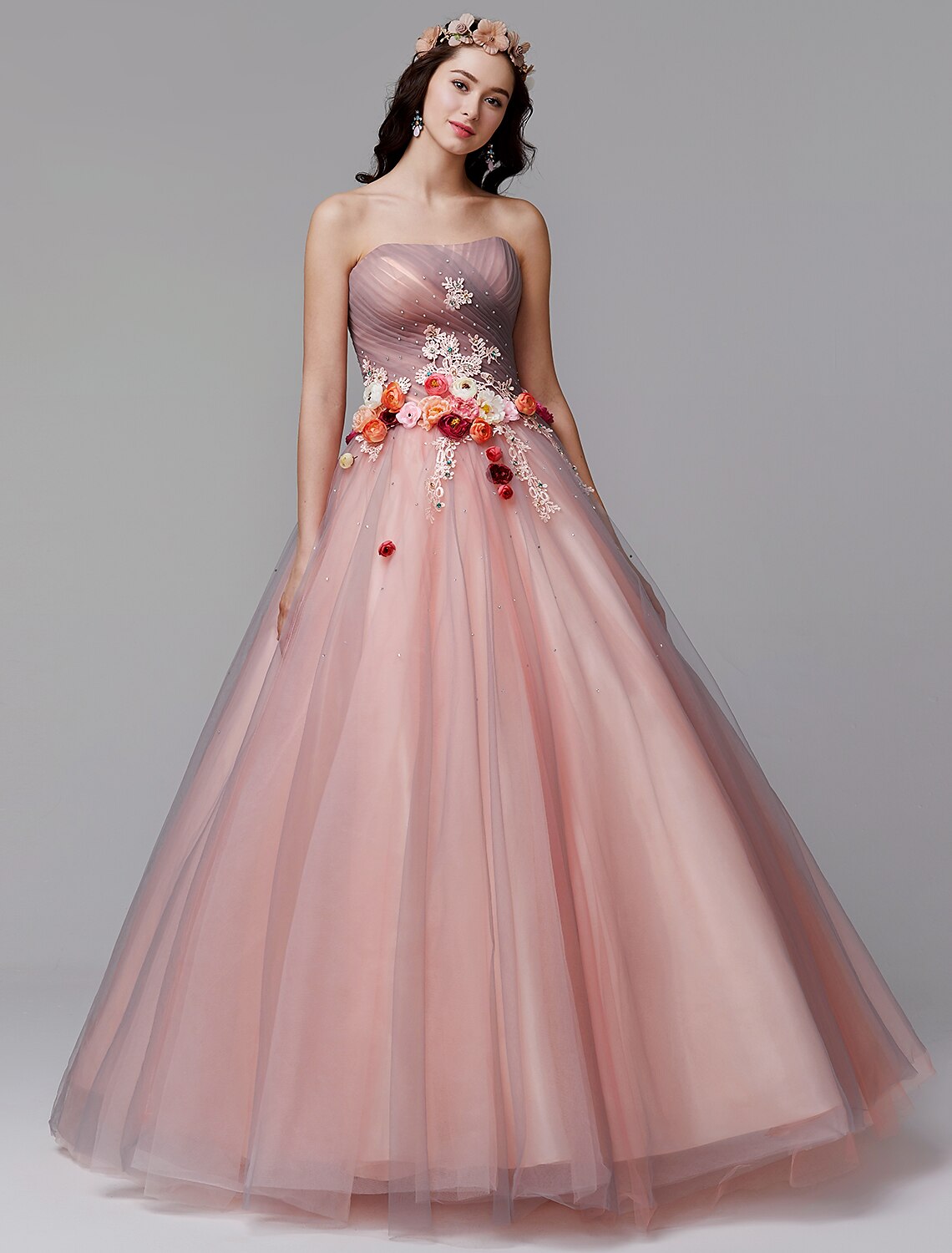 Wholesa Ball Gown Floral Formal Evening Dress Strapless Sleeveless Floor Length Tulle with Pleats Flower