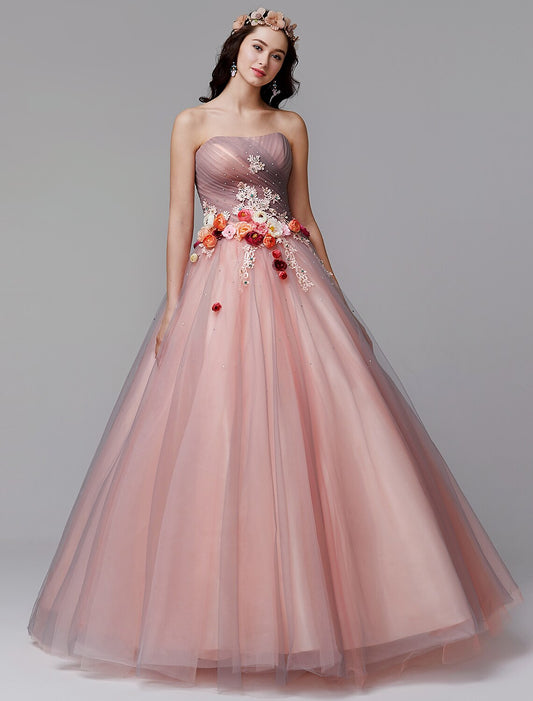 Wholesa Ball Gown Floral Formal Evening Dress Strapless Sleeveless Floor Length Tulle with Pleats Flower