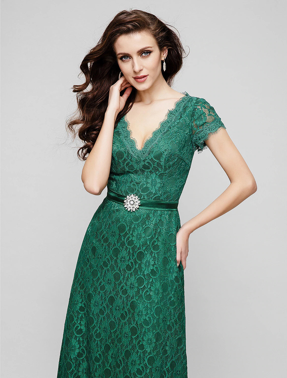 Wholesa A-Line Elegant Dress Holiday Cocktail Party Floor Length Short Sleeve V Neck All Over Lace with Crystal Brooch