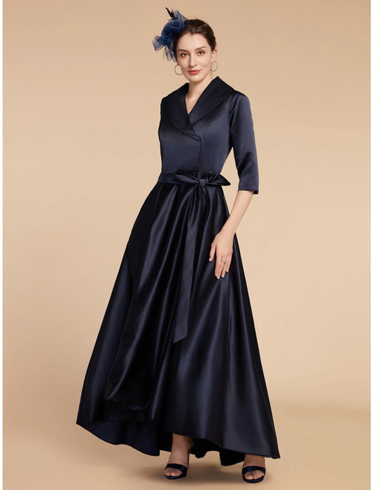 Wholesa  A-Line Mother of the Bride Dress Wedding Guest Elegant V Neck Ankle Length Satin Half Sleeve with Sash / Ribbon Ruching Solid Color