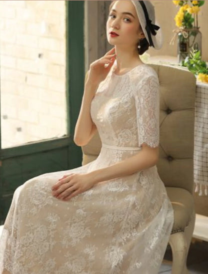 Wholesale Reception Fall Wedding Dresses Little White Dresses in Color A-Line Illusion Neck Half Sleeve Tea Length Lace Bridal Gowns With Sash / Ribbon Appliques Summer Party