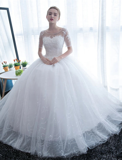 Wholesale Reception Formal Wedding Dresses Ball Gown Illusion Neck Half Sleeve Floor Length Satin Bridal Gowns With Lace 2023 Summer Wedding Party