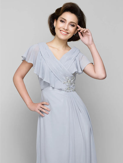 wholesale  A-Line Mother of the Bride Dress Elegant V Neck Floor Length Chiffon Sleeveless No with Criss Cross Crystals