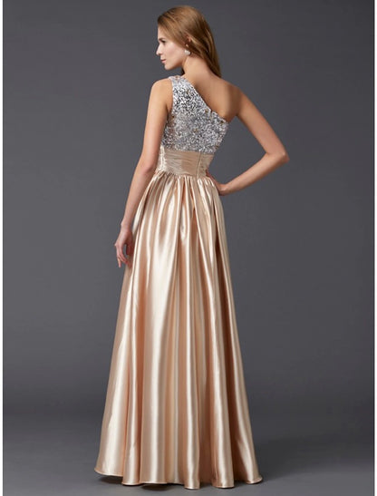 Wholesale A-Line Prom Dresses Sparkle & Shine Dress Party Wear Floor Length Sleeveless One Shoulder Charmeuse with Pleats Sequin