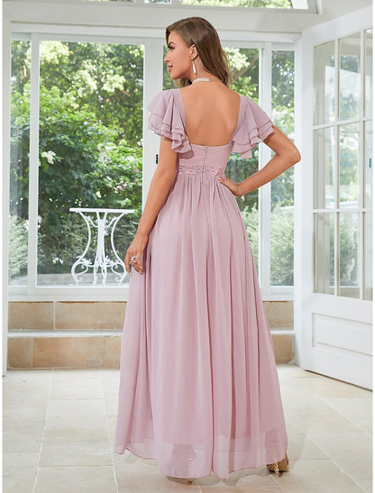 wholesale   A-Line Wedding Guest Dresses Elegant Dress Party Wear Floor Length Short Sleeve Square Neck Chiffon with Ruffles