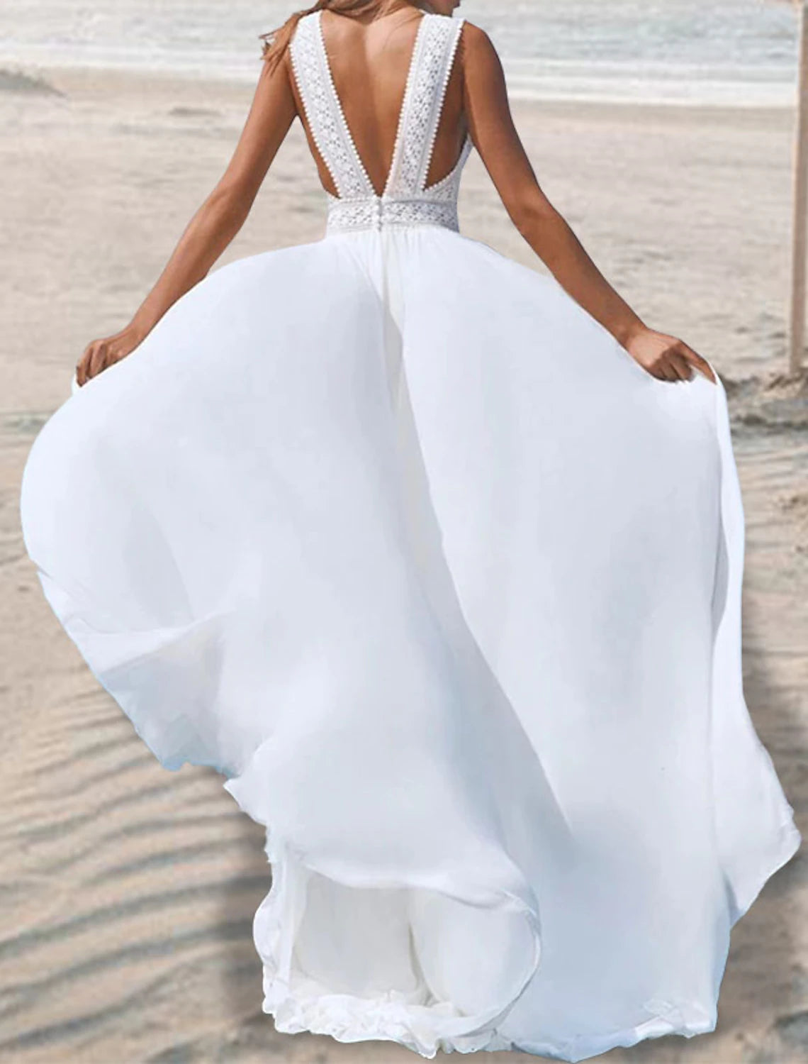 Wholesa Beach Open Back Boho Wedding Dresses A-Line V Neck Sleeveless Floor Length Chiffon Bridal Gowns With