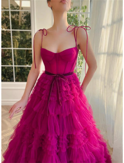 Wholesa Ball Gown Evening Gown Puffy Dress Wedding Party Birthday Floor Length Sleeveless Spaghetti Strap Tulle with Ruffles Strappy