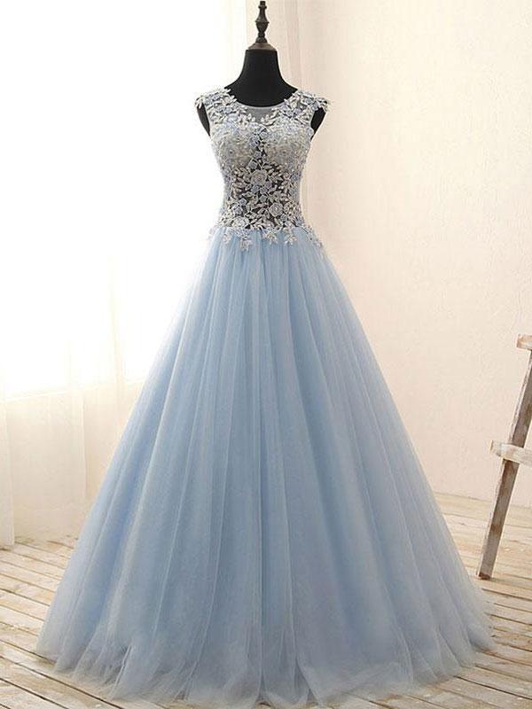 Aimishang Elegant A-line Scoop-Neck Sleeveless Floor-Length Tulle Appliqued Prom Dress Wholesale
