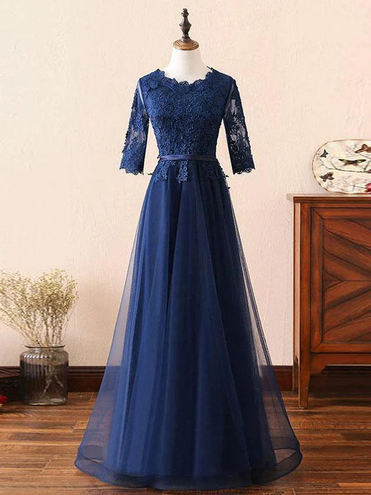 Popular Tulle Scoop Neckline Floor-length A-line Prom Dresses With Beaded Appliques Mother of the Bride Dresses