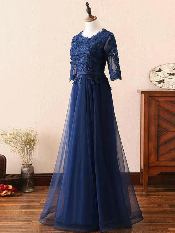 Popular Tulle Scoop Neckline Floor-length A-line Prom Dresses With Beaded Appliques Mother of the Bride Dresses