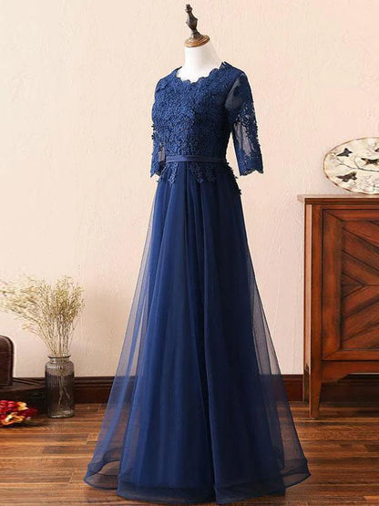 Popular Tulle Scoop Neckline Floor-length A-line Prom Dresses With Beaded Appliques Mother of the Bride Dresses