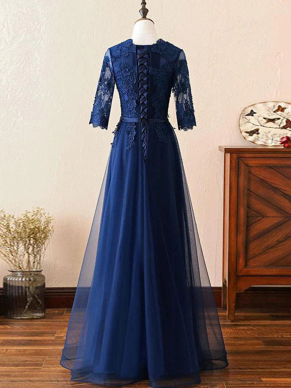 Popular Tulle Scoop Neckline Floor-length A-line Prom Dresses With Beaded Appliques Mother of the Bride Dresses