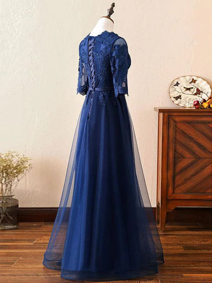 Popular Tulle Scoop Neckline Floor-length A-line Prom Dresses With Beaded Appliques Mother of the Bride Dresses
