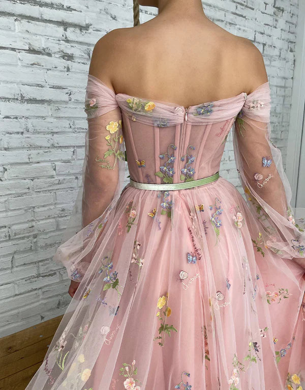 Wholesale Fashion A-line Light Pink Evening Dress Embroidery Off the Shoulder Prom Dress