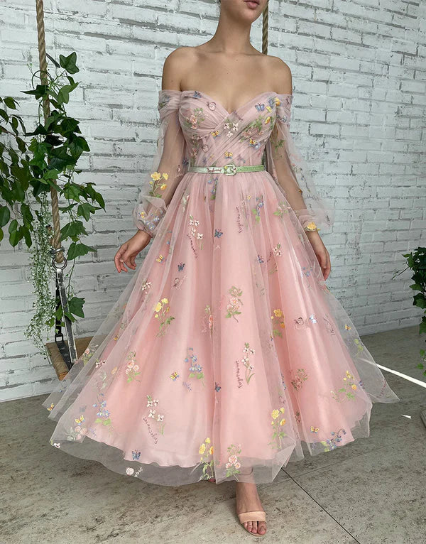 Wholesale Fashion A-line Light Pink Evening Dress Embroidery Off the Shoulder Prom Dress