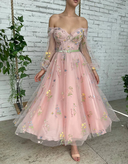 Wholesale Fashion A-line Light Pink Evening Dress Embroidery Off the Shoulder Prom Dress