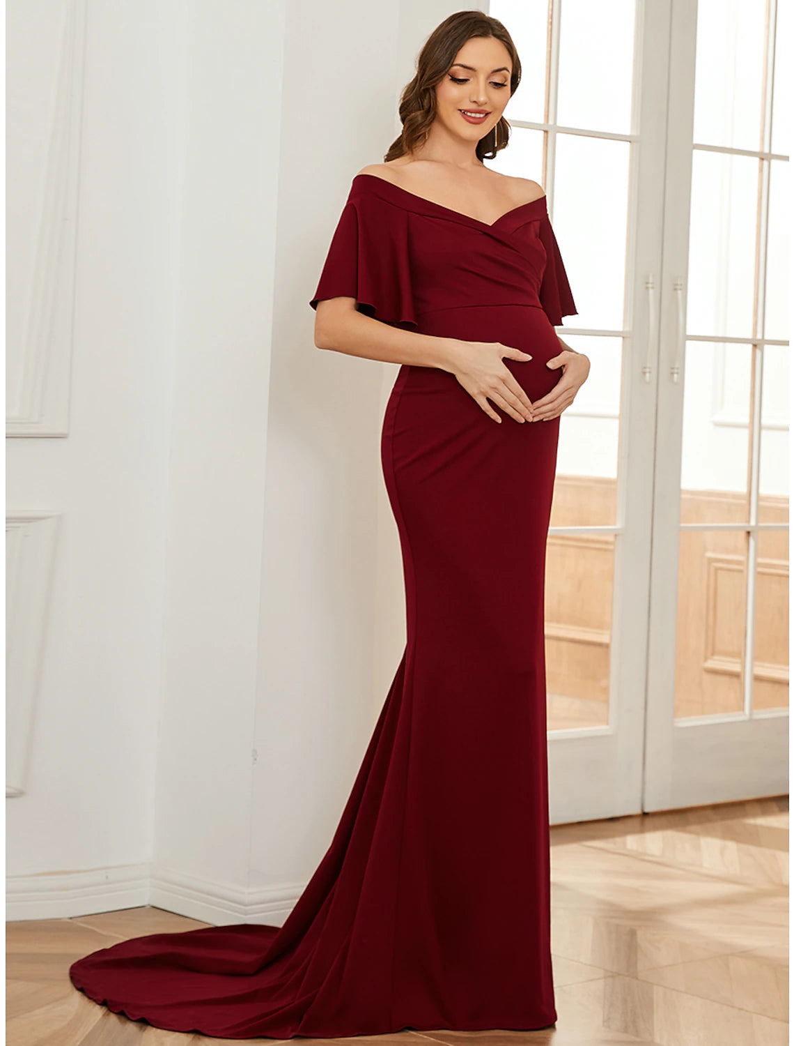 Wholesale Mermaid / Trumpet Maternity Dresses Maternity Dress Formal Court Train Short Sleeve Off Shoulder Stretch Fabric with Ruched Pure Color