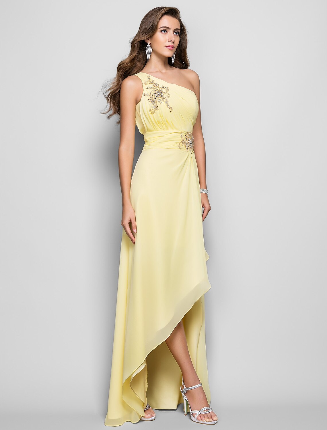 Wholesa Sheath / Column Elegant Dress Wedding Guest Cocktail Party Asymmetrical Sleeveless One Shoulder Bridesmaid Dress Chiffon with Beading Slit Appliques