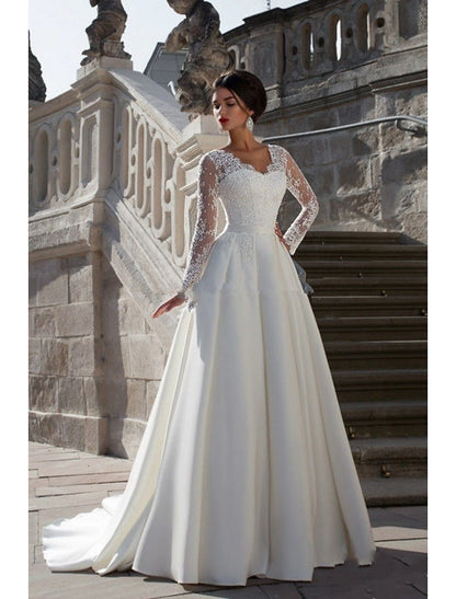 Wholesale Engagement Formal Fall Wedding Dresses A-Line V Neck Long Sleeve Court Train Satin Bridal Gowns With Appliques 2023 Summer Wedding Party