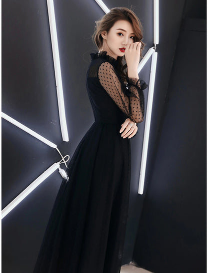 Wholesale A-Line Little Black Dress Elegant Party Wear Prom Dress High Neck Long Sleeve Floor Length Lace with Ruffles