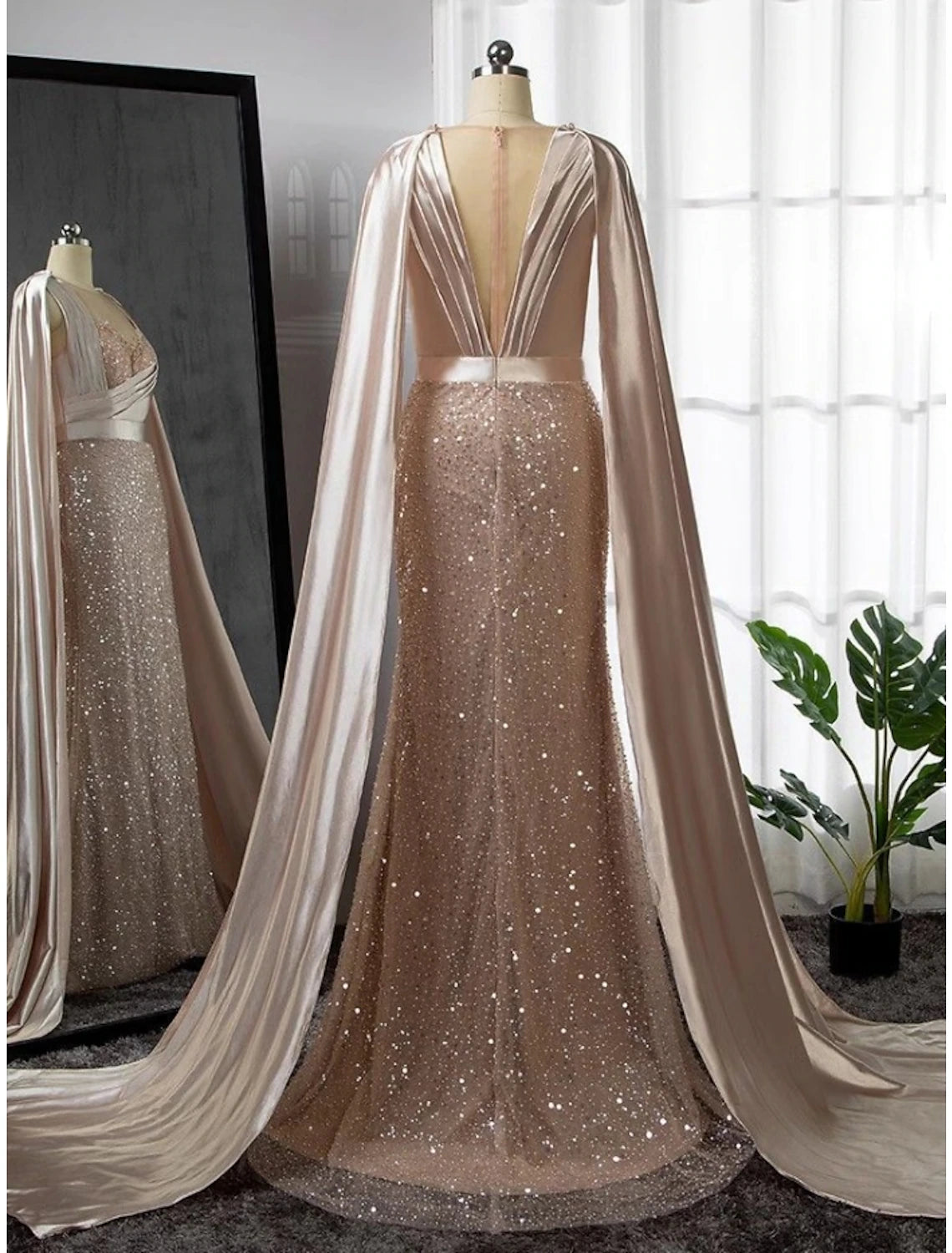 Wholesa A-Line Evening Gown Elegant Dress Formal Court Train Long Sleeve Illusion Neck Stretch Satin with Pleats Ruched Beading