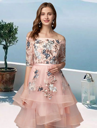 Wholesale A-Line Prom Dresses Floral Dress Evening Party Asymmetrical Half Sleeve Off Shoulder Satin with Embroidery Appliques