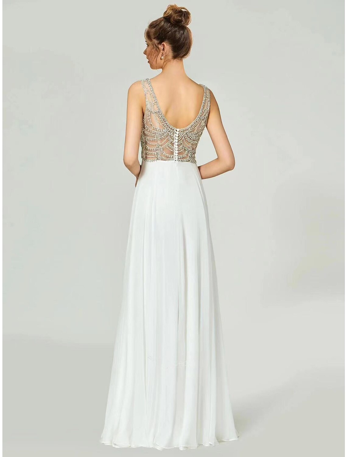 wholesale  A-Line Evening Gown Open Back Dress Formal Floor Length Sleeveless V Neck Chiffon with Rhinestone