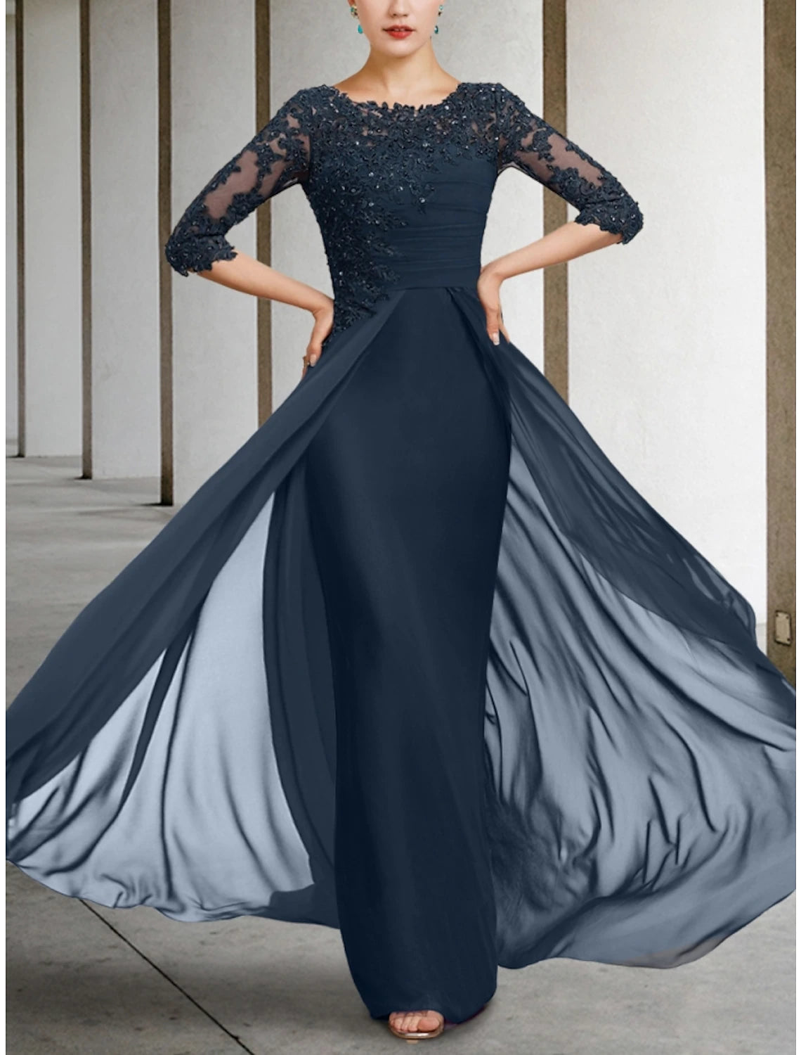 Wholesa Sheath / Column Mother of the Bride Dress Wedding Guest Elegant Jewel Neck Floor Length Chiffon Lace Half Sleeve with Sequin Ruching Solid Color