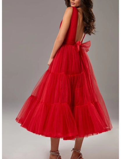 wholesale A-Line Prom Dresses Princess Dress Wedding Guest Tea Length Sleeveless V Neck Tulle with Bow(s) Pleats