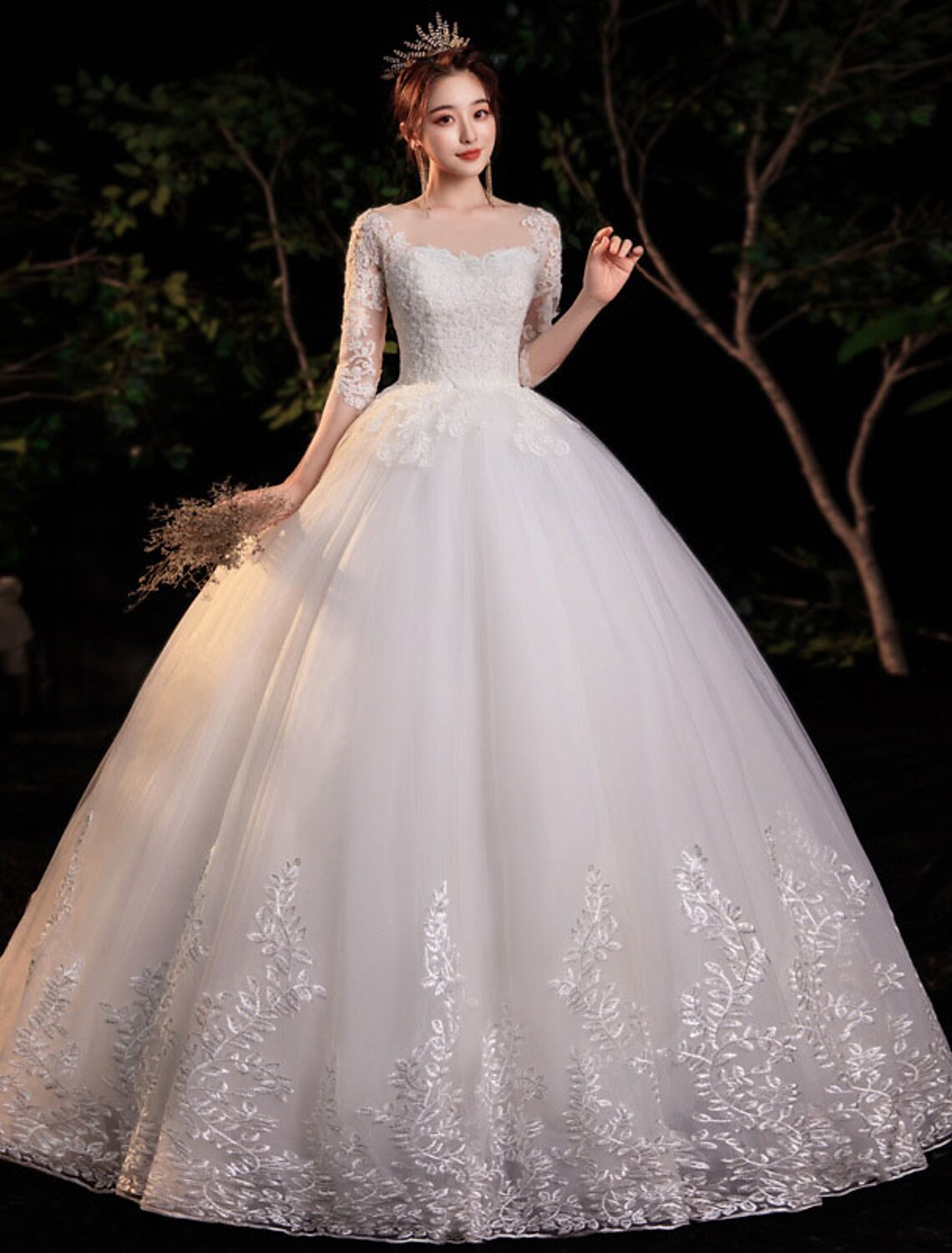 Wholesale Reception Formal Wedding Dresses Ball Gown Illusion Neck Half Sleeve Floor Length Lace Bridal Gowns With Appliques Summer Wedding Party