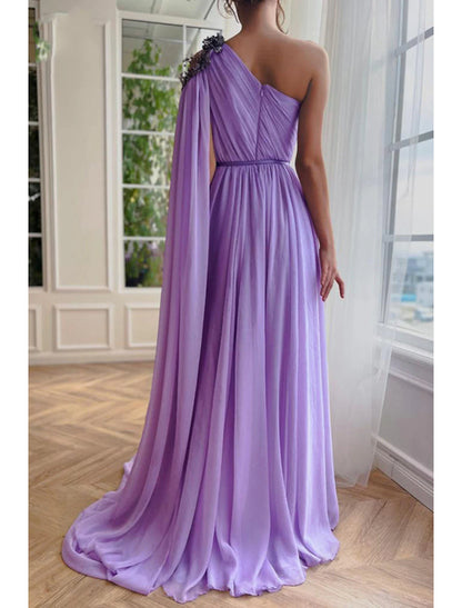 Wholesa A-Line Evening Gown Elegant Dress Formal Wedding Guest Sweep / Brush Train Sleeveless One Shoulder Capes Chiffon with Slit Shawl