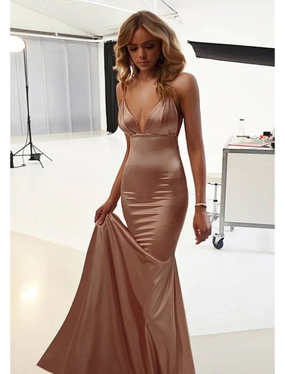 wholesale  Mermaid / Trumpet Wedding Guest Dresses Sexy Dress Prom Floor Length Sleeveless Spaghetti Strap Cotton Backless with Ruched