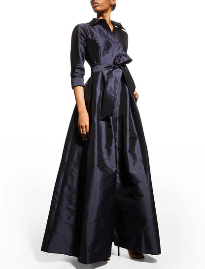 Wholesa  A-Line Evening Gown Elegant Black Dress Wedding Guest Floor Length 3/4 Length Sleeve Shirt Collar Pocket Taffeta with Pocket Strappy