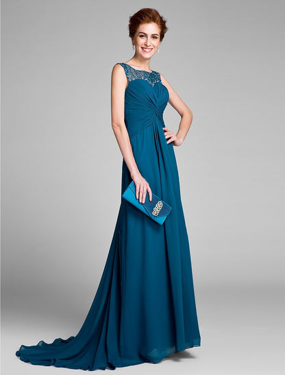 wholesale Sheath / Column Scoop Neck Sweep / Brush Train Chiffon Mother of the Bride Dress with Beading