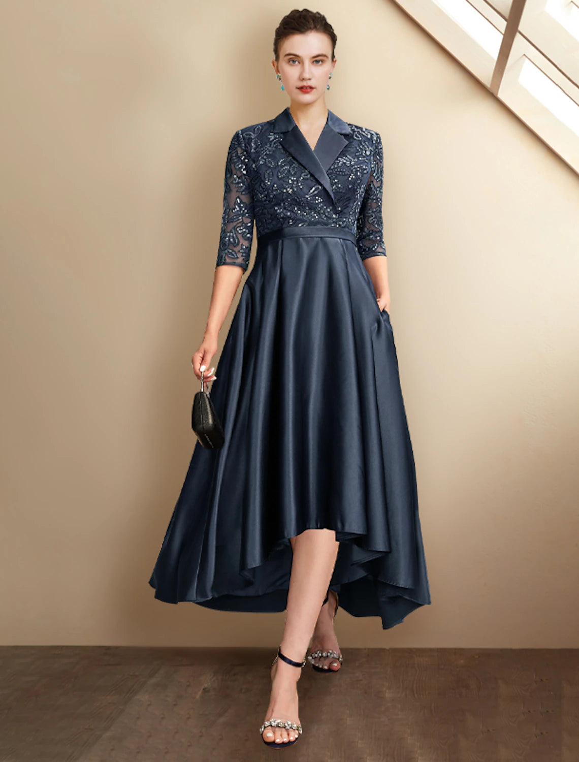 Wholesa  A-Line Mother of the Bride Dress Plus Size Elegant High Low Shirt Collar Asymmetrical Tea Length Satin Lace Half Sleeve with Pleats Sequin Appliques