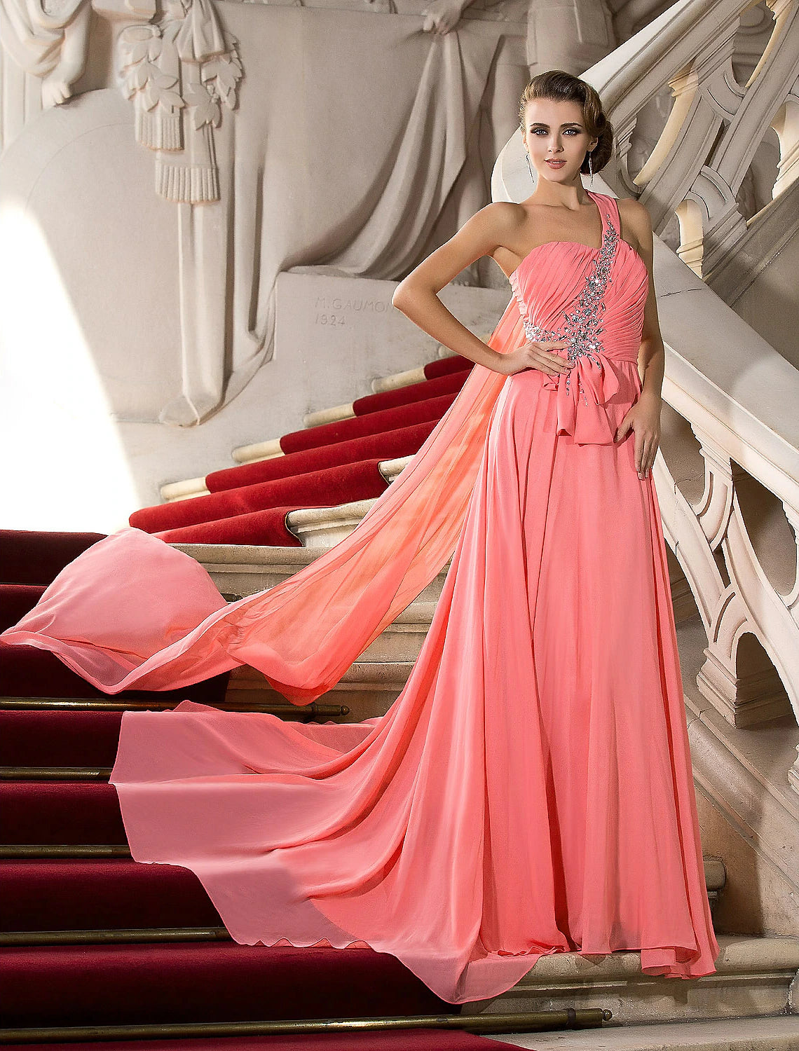 Wholesa A-Line Elegant Dress Wedding Guest Engagement Court Train Sleeveless One Shoulder Chiffon with Crystals Draping