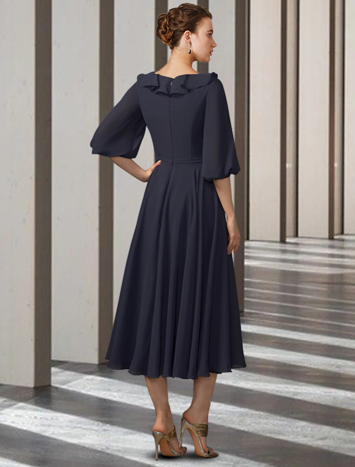 wholesale  A-Line Mother of the Bride Dress Elegant Jewel Neck Tea Length Chiffon Half Sleeve with Pleats Ruffles