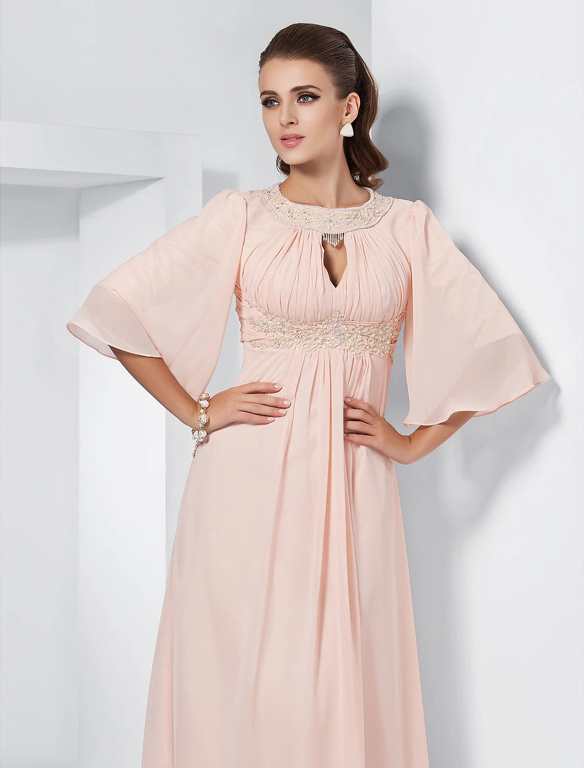 Wholesa A-Line Special Occasion Dresses Elegant Dress Wedding Guest Formal Evening Sweep / Brush Train Half Sleeve Jewel Neck Chiffon with Beading Draping