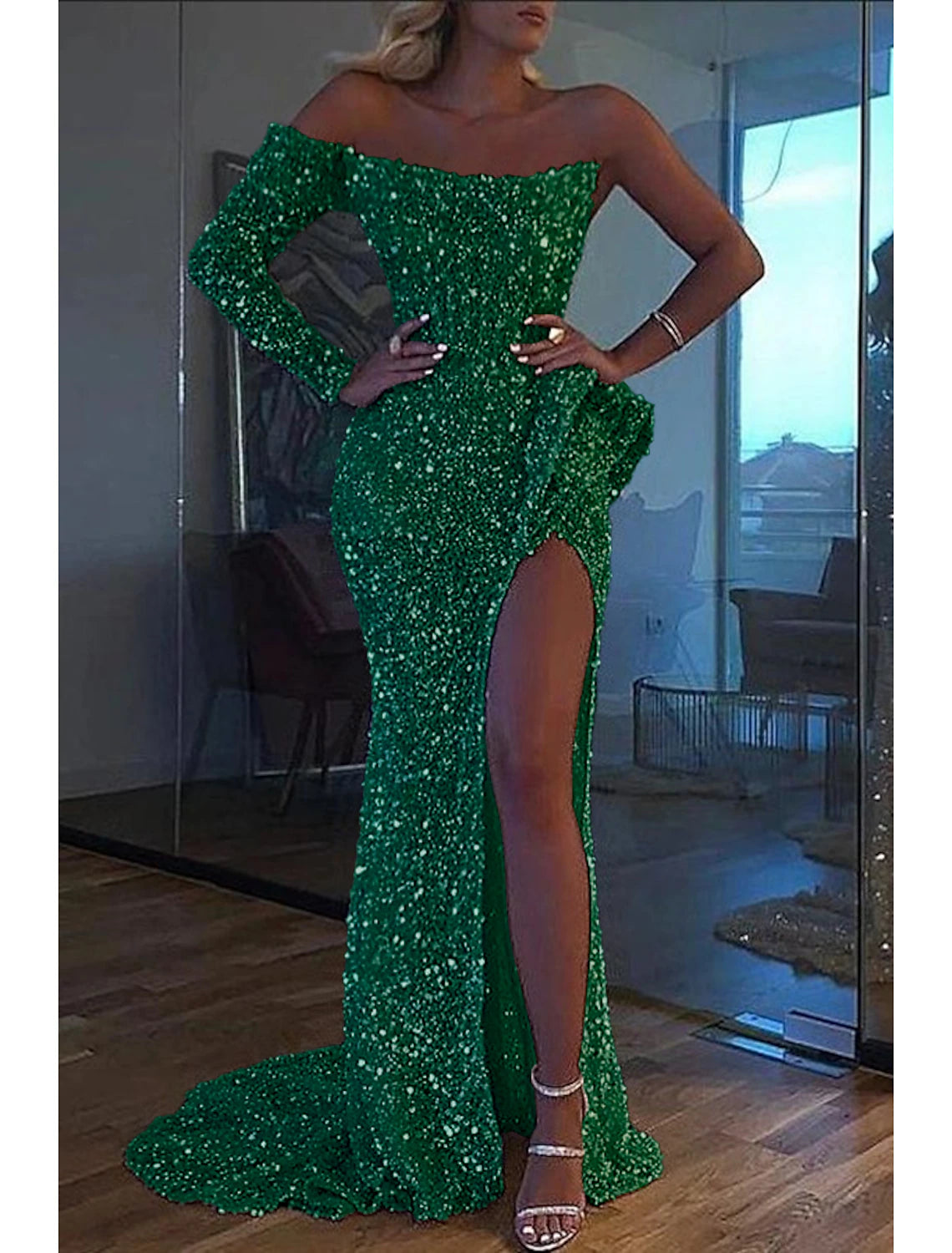 Wholesa Mermaid Dress Evening Gown Red Green Dress Formal Wedding Court Train Long Sleeve One Shoulder Sequined with Sequin Slit