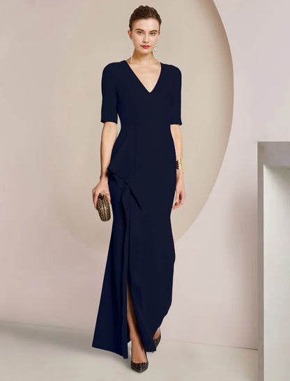 wholesale Sheath / Column Mother of the Bride Dress Formal Wedding Guest Elegant V Neck Floor Length Satin Half Sleeve with Split Front Ruching