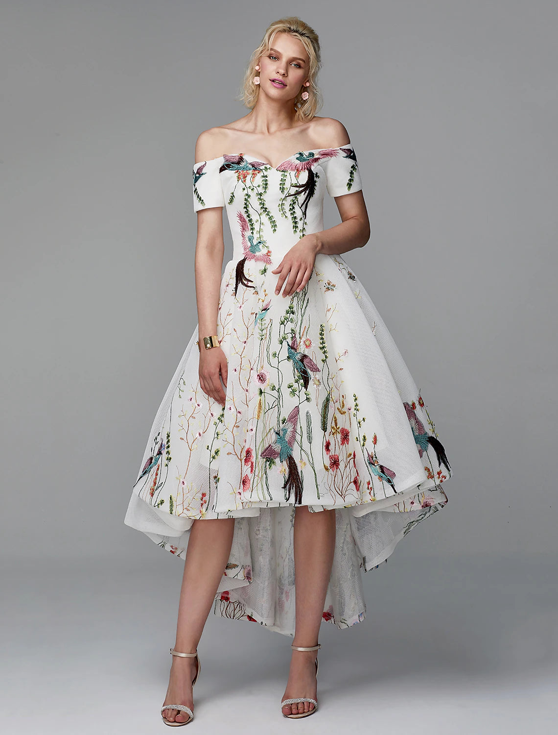 Wholesa  Ball Gown Cute Dress Wedding Guest Cocktail Party Asymmetrical Short Sleeve Off Shoulder Polyester with Embroidery