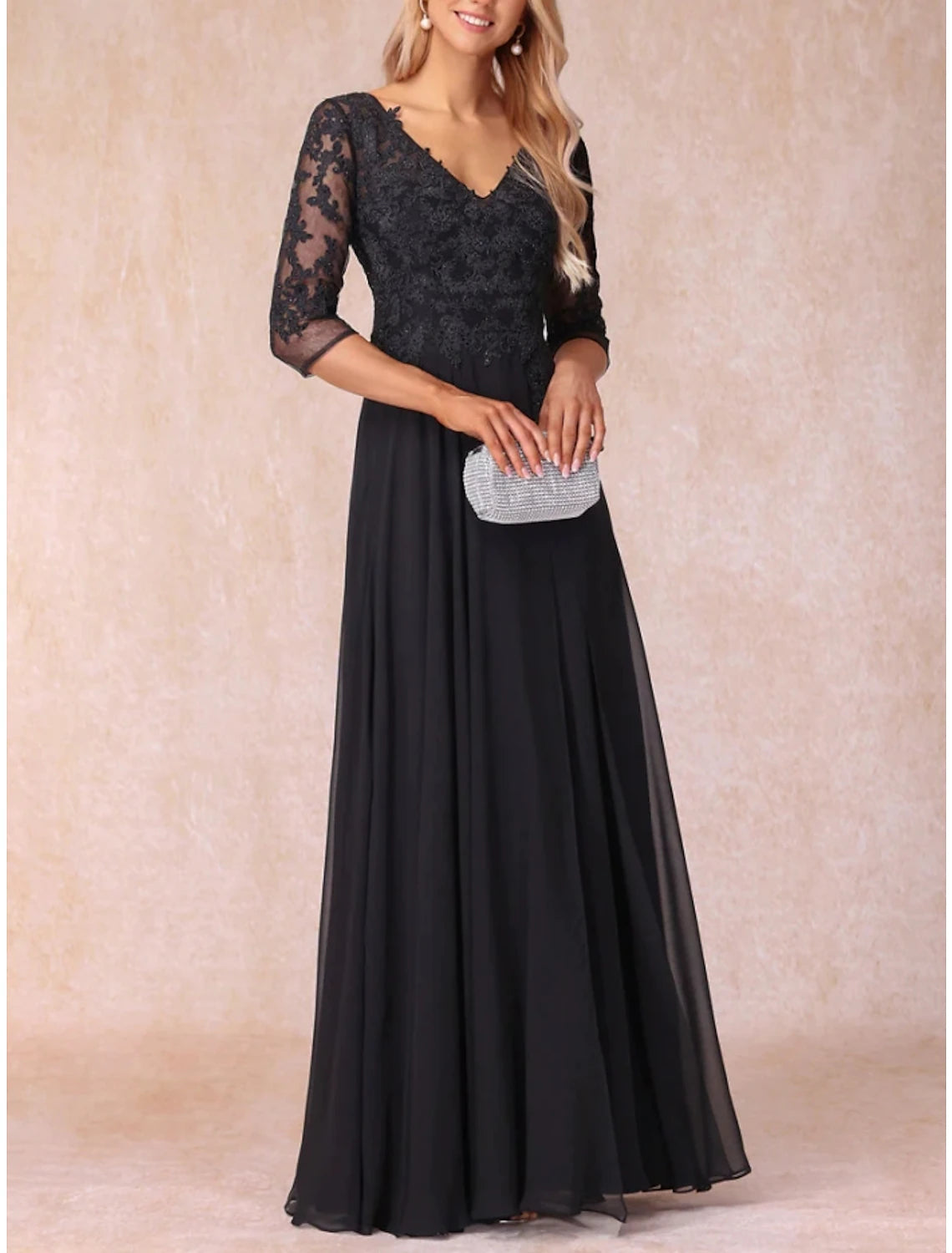 Wholesa A-Line Mother of the Bride Dress Wedding Guest Elegant V Neck Floor Length Chiffon Lace 3/4 Length Sleeve with Ruching Solid Color