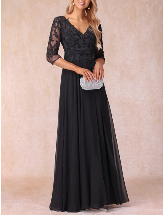 Wholesa A-Line Mother of the Bride Dress Wedding Guest Elegant V Neck Floor Length Chiffon Lace 3/4 Length Sleeve with Ruching Solid Color